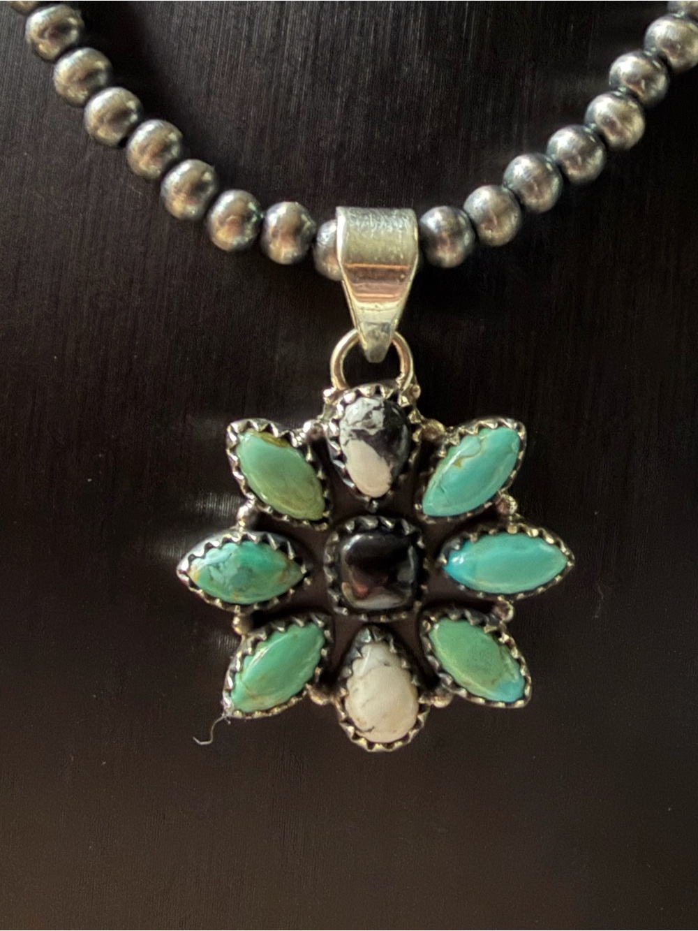 Turquoise, White Buffalo and Sterling Silver Floral Stone Pendant